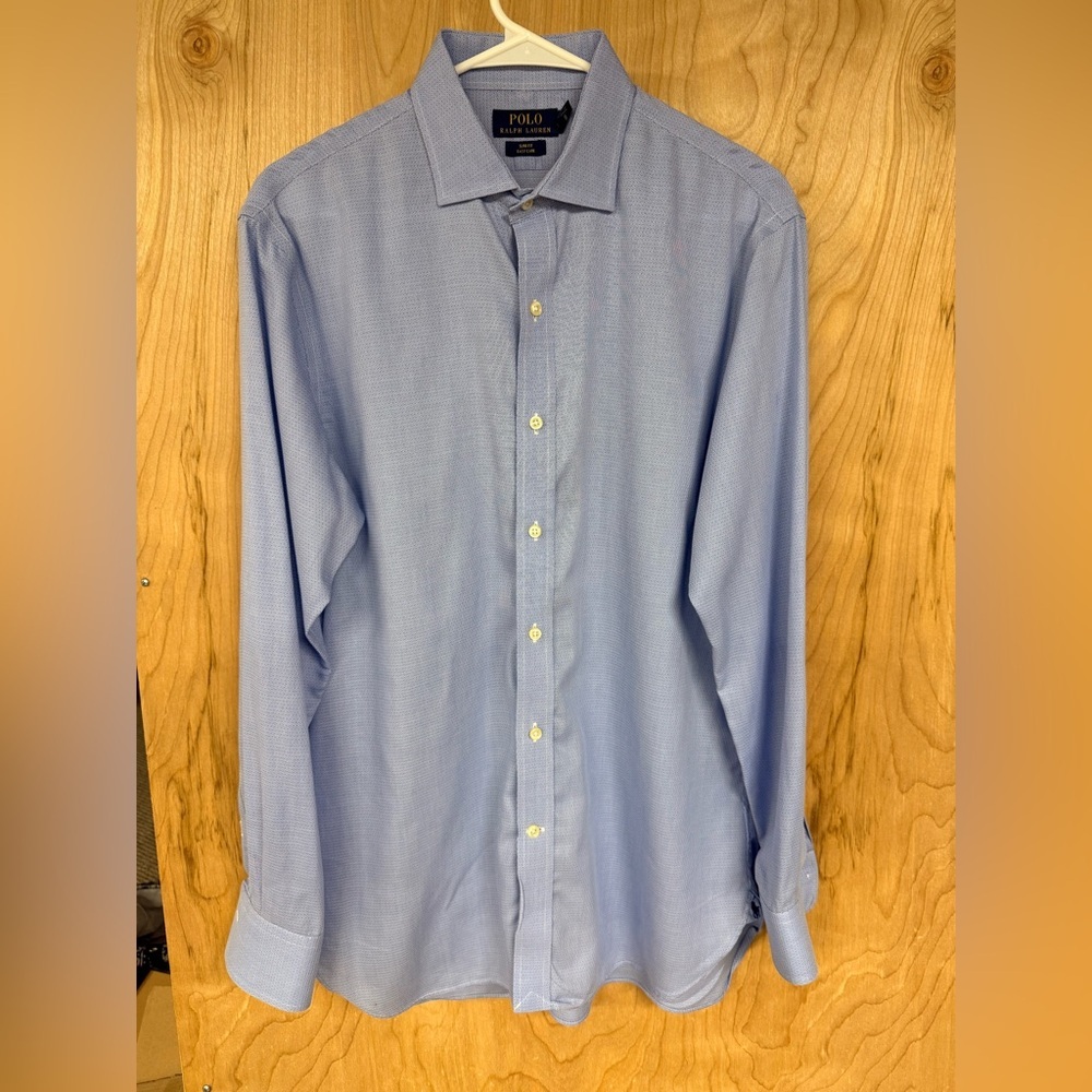 Polo Ralph Lauren Slim Fit Easy Care Geo Print Dress Shirt in Blue Size 16 1/2